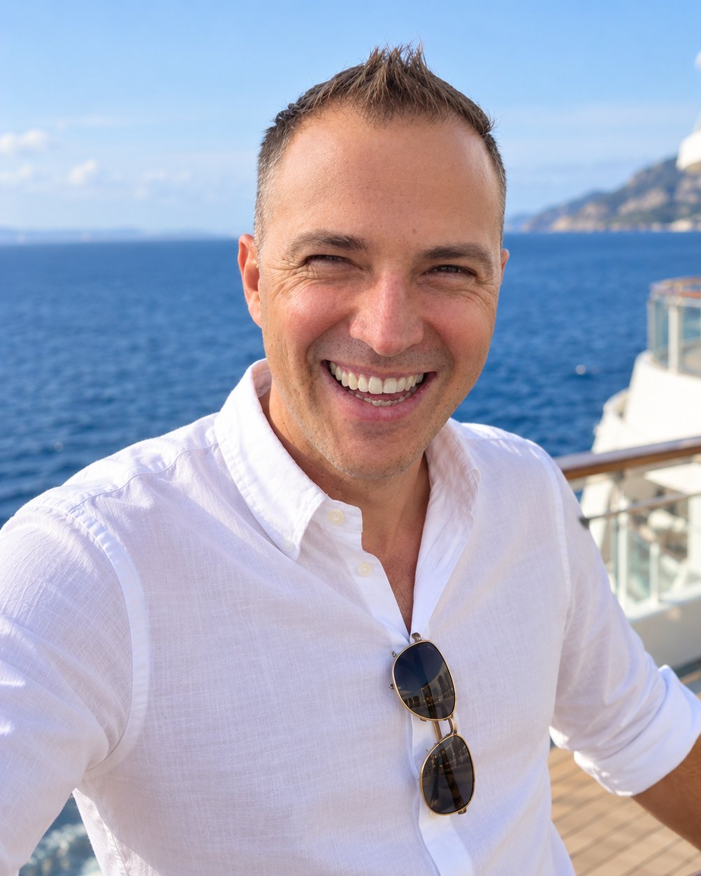 Hajo Hagen smiling on a cruise ship deck